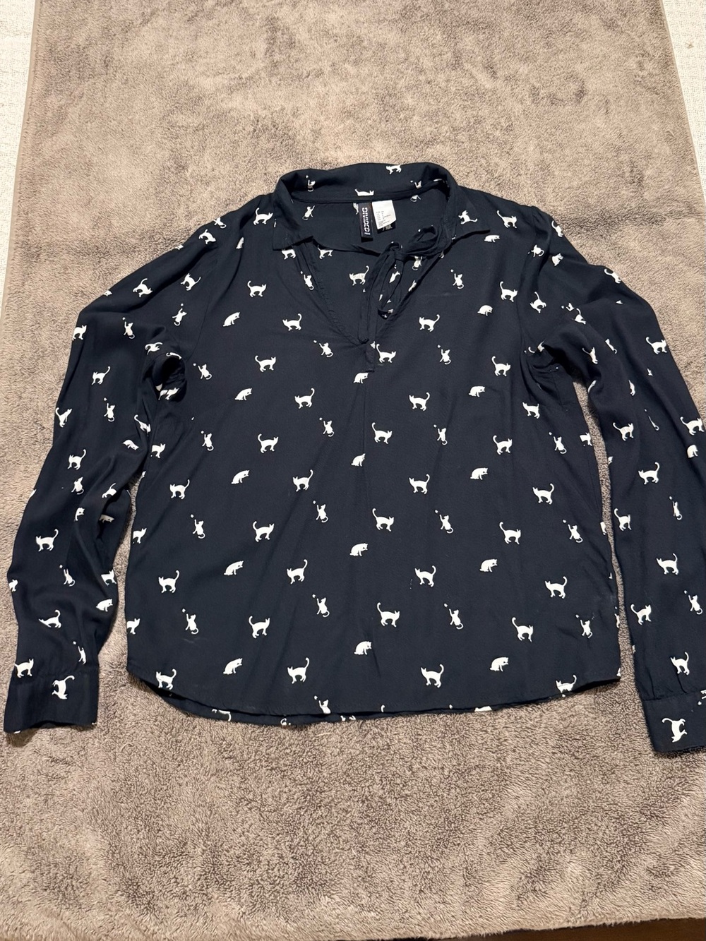 Divided Black Long-Sleeve Shirt with White Cat Print